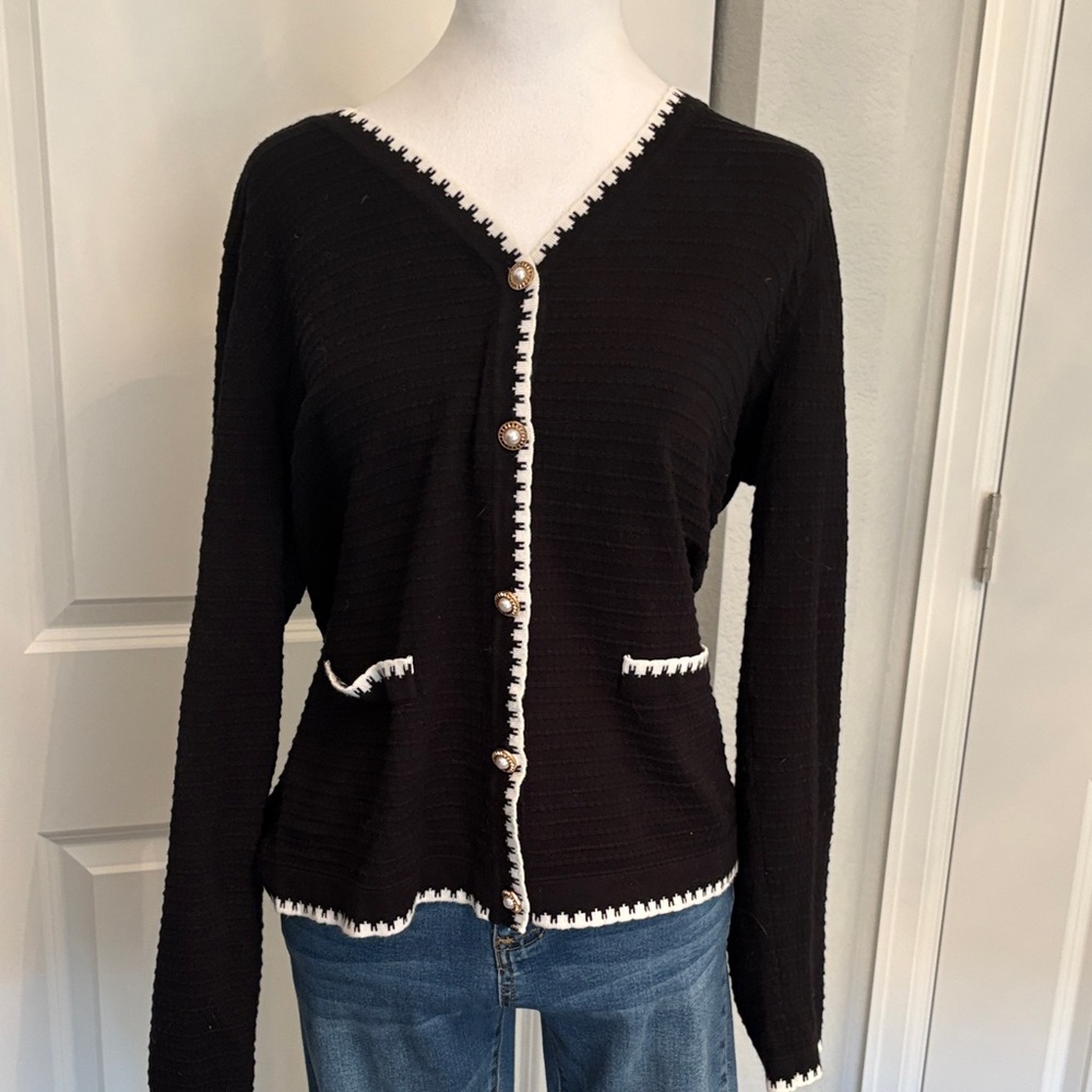 Adrianna Papell Black Cardigan with White Trim